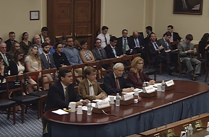 From left, the members of the hearing panel were Jonathan Turley, Ronald Rotunda, Charles Tiefer, and Elizabeth Price Foley.