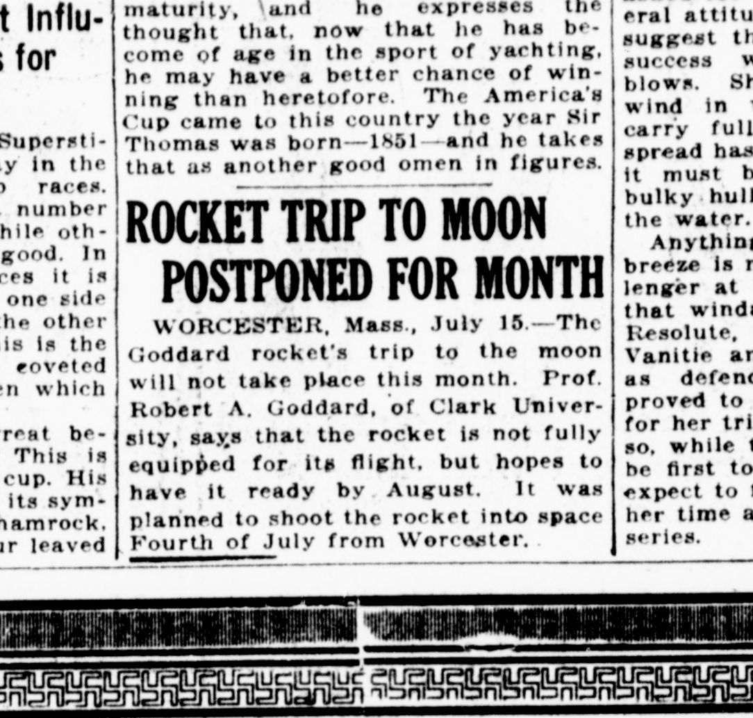 Rocket Trip to Moon Postponed for Month Washington Times July 15, 1920