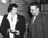 Leona Woods Marshall (left) with husband John Marshall at the Third International Conference on High Energy Physics (ICHEP), Rochester, 1952, (AKA) The Rochester Conference.
