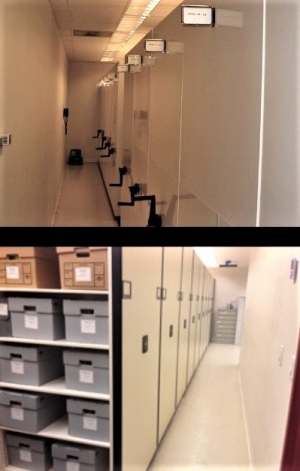 Two before and after shots of the archives showing the old and new style of shelving used to store collections. 