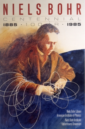 color illustration of Niels Bohr with title