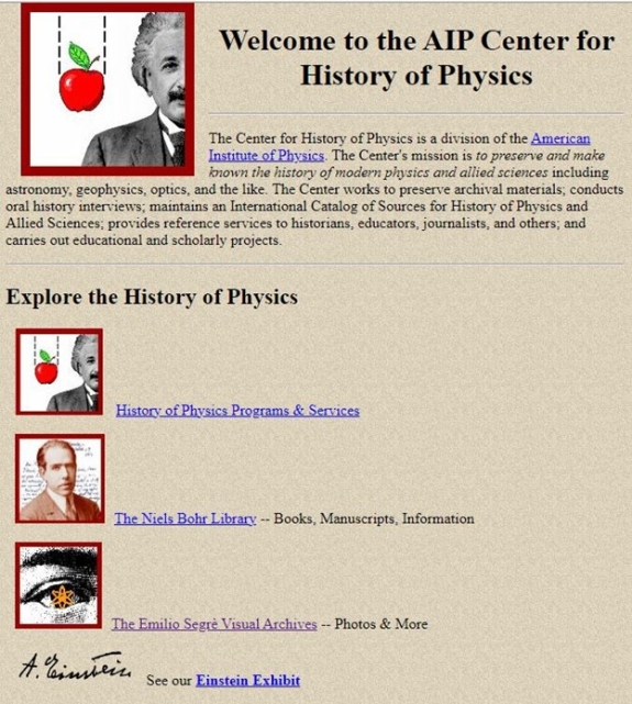 A screenshot from the 1997 Center for the History of Physics website.