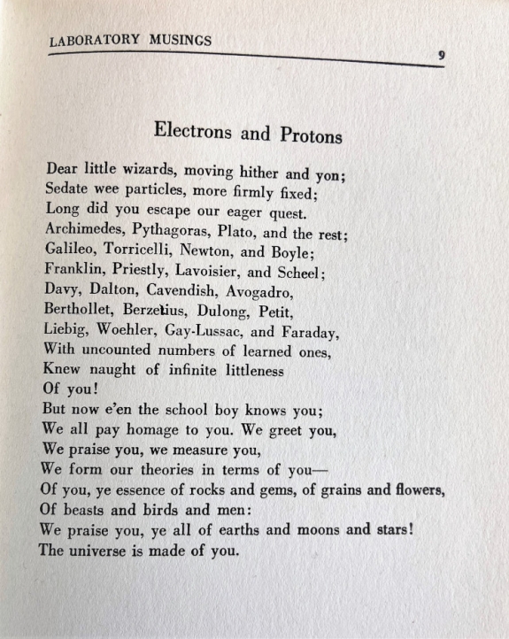 The text of "Electrons and Protons" reads in part: "Dear little wizards, moving hither and yon; / Sedate wee particles, more firmly fixed; / Long did you escape our eager quest." etc.