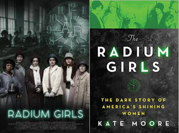 Movie poster next to the book cover of Radium Girls