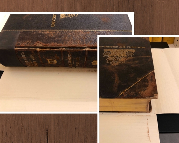 Image shows heavy red rot on the cover and spine of the book Universities and Their Sons, Vol. II (1899).