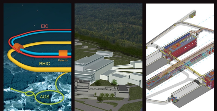 Graphics showing, from left, the planned Electron-Ion Collider, Spallation Neutron Source Second Target Station, and Long-Baseline Neutrino Facility and Deep Underground Neutrino Experiment.