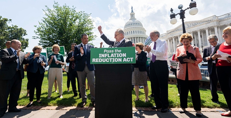 Senate Majority Leader Chuck Schumer (D-NY) at a press event rallying Democrats around the newly unveiled Infrastructure Reduction Act on Aug. 4.