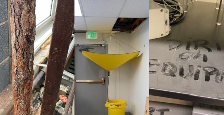 Examples of poor facility conditions at the National Institute of Standards and Technology included in a new National Academies report on the subject. From left, corroded piping, a leaking ceiling, and a dust-ridden lab space.