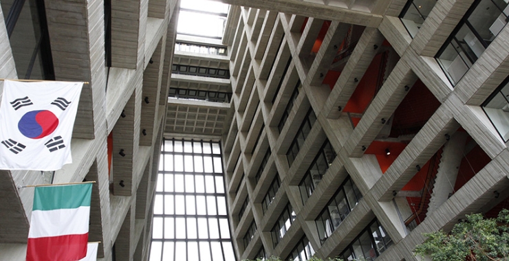 A photograph taken by a visitor in 2014 of the interior of Wilson Hall, the iconic main building on Fermilab's campus in Batavia, Illinois.