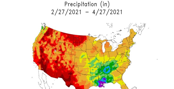 Map showing precipitation in inches for the last 60 days over the continental U.S.