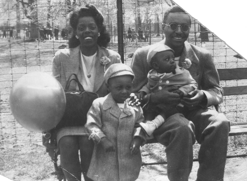 Dorothy Mallett, mother of Ronald Mallett, with her husband Boyd and two sons Ronald (left) and Jason (right) in a park in 1948.