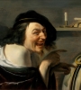a painting of a man in renaissance clothing pointing and laughing at something. his beard is messy and he's laughing so hard his hat and clothes look in danger of falling off. the overall effect is a bit disturbing