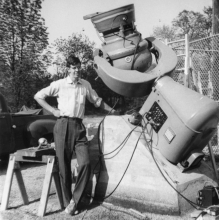 Richard McCrosky posing with the Baker Super-Schmidt Meteor Camera, circa 1952.