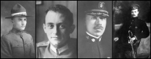 four portraits in a row of men in wwi uniforms. from left to right is Norman Ricker in a U.S. Army uniform and a broad brimmed hat, Max Born in a German uniform with no hat, Albert Taylor in a U.S. Navy uniform with cap, and Otto Struve in a Russian army uniform and cap holding a sword.