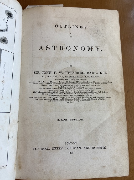 Title page of John Herschel, Outlines of Astronomy, 6th ed., 1859