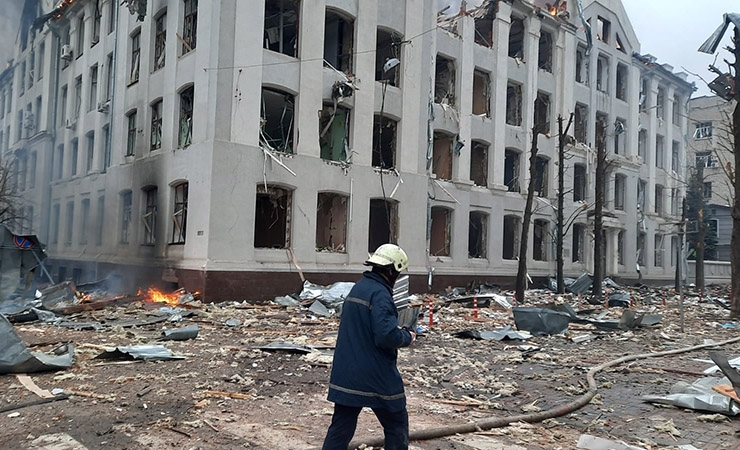 Damaged building at the National University of Kharkhiv