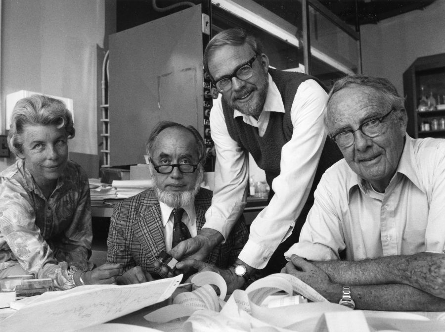 Left to right: Helen Michel, Frank Asaro, Walter Alvarez, and Luis Alvarez, members of the Asteroid Impact Research Team, 1979.