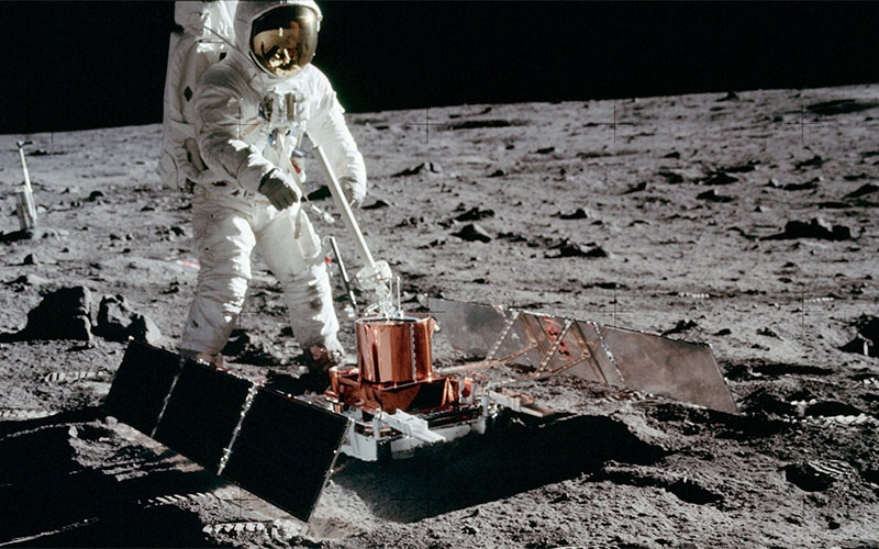 Astronaut Buzz Aldrin sets up a seismic experiment during the 1969 Apollo 11 Moon mission.