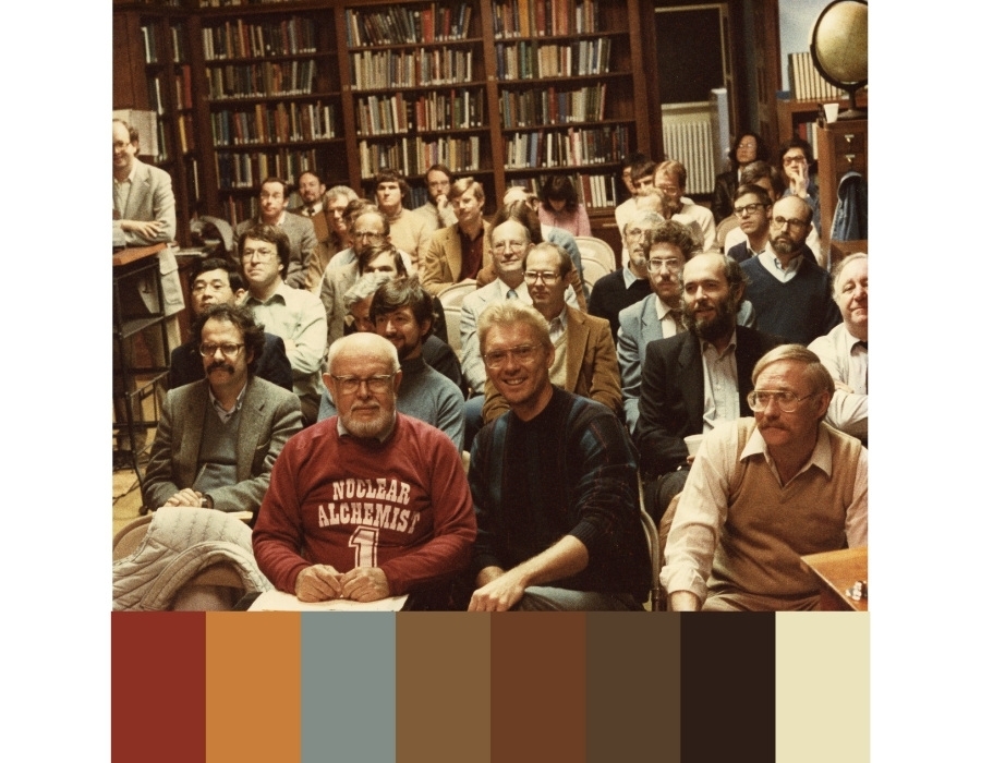 Attendees of the conference "Nucleosynthesis: Challenges and New Developments,” gathered in the Yerkes Observatory Library in 1983.
