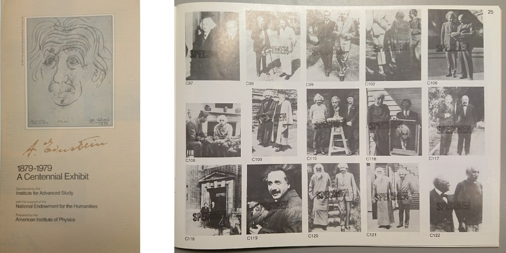 Photo of the front page of the Einstein’s Centennial Exhibit brochure edited alongside a page from the Images of Einstein: A Catalog, edition 1989.