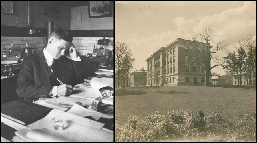 on the left hand side is a black and white photo of a white man in a suit with well-clipped hair sits at a desk writing surrounded by sheets of paper and laboratory notebooks with some laboratory glassware in the background. on the right is a sepia photograph of a four-story building made of brick and stone circa 1900 in a lawn with similar buildings in the background