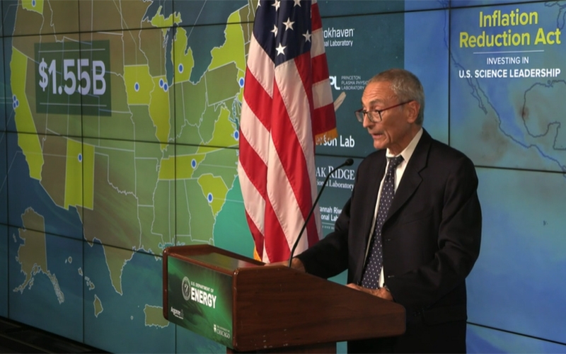 John Podesta, a top clean energy adviser to President Biden, discusses funding from the Inflation Reduction Act at an event at Argonne National Lab on Nov. 4, 2022.