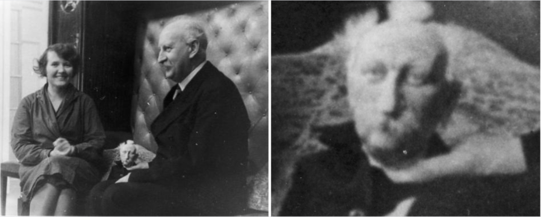 Abram Ioffe and wife, Anna Vassilievna Ioffe, while Abram holds a sculpture of himself (left); zoomed in image of Ioffe sculpture (right)