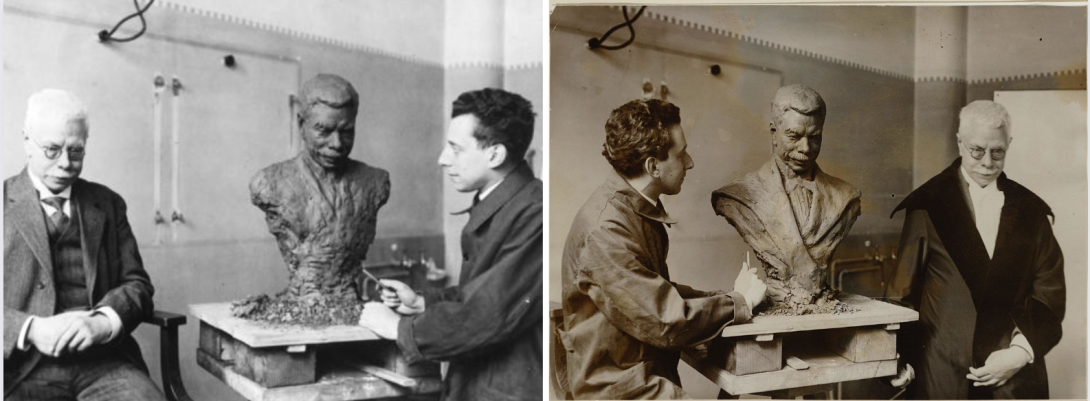 Two photos showing Pieter Zeeman and sculptor Jobs Wertheim, and between them an in-progress bust of Zeeman