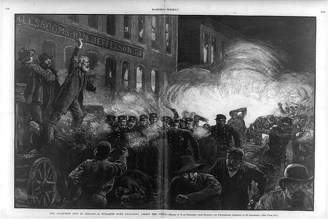 The Anarchist Riot in Chicago - A Dynamite Bomb exploding among the police [McCormick Strike, Haymarket Square]