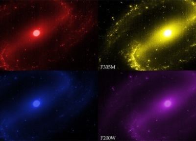 Images of the spiral galaxy NGC 1300 from four JWST NIRCam broadband filters have been assigned colors using the rule of chromatic ordering.