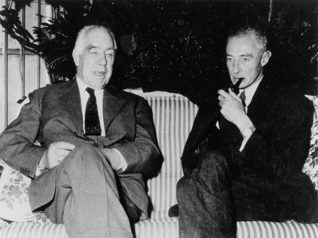 Niels Bohr and J. Robert Oppenheimer conversing in 1950