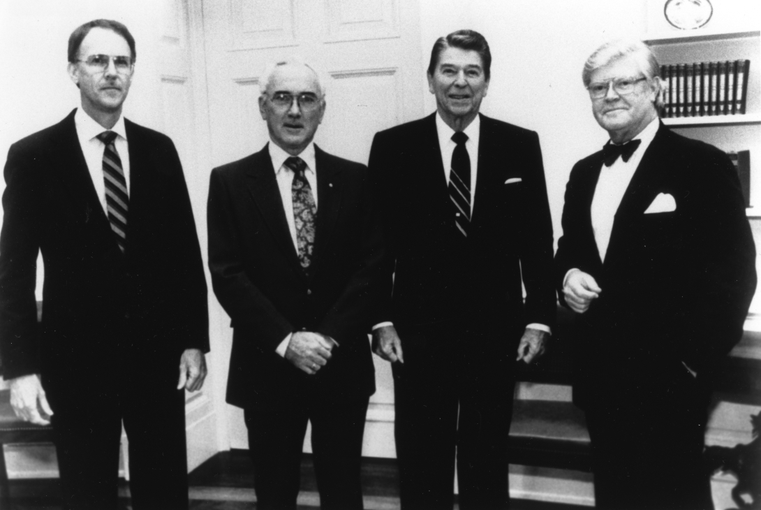 Graham, Kerwin, Reagan, and Bromley in the Oval Office 