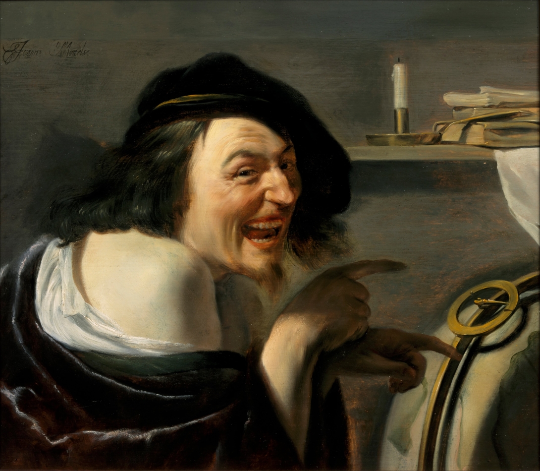 a painting of a man in renaissance clothing pointing and laughing at something. his beard is messy and he's laughing so hard his hat and clothes look in danger of falling off. the overall effect is a bit disturbing