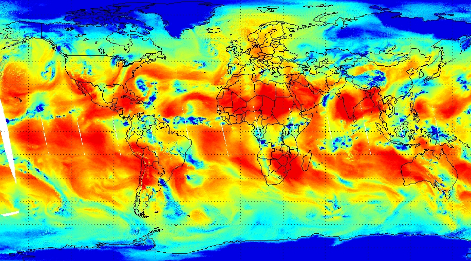 An image of water vapor distribution produced with data from the Advanced Technology Microwave Sounder on one of NOAA’s polar orbiting weather satellites.  (Image credit – NOAA)