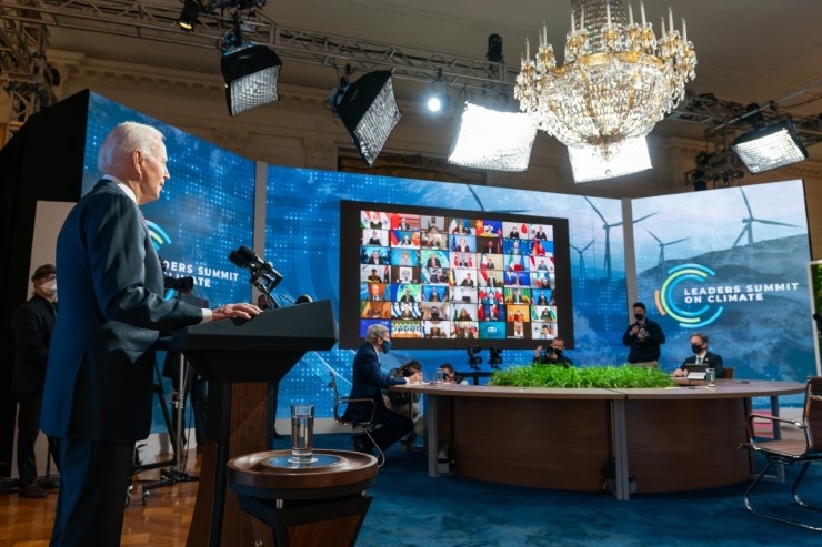 President Biden speaking at the Climate Leadership Summit on Earth Day in April.