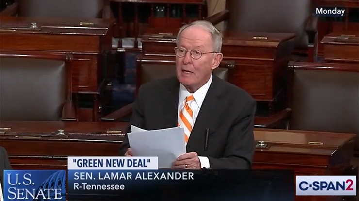Speaking on the Senate floor on March 25, Sen. Lamar Alexander (R-TN) calls for a “New Manhattan Project for Clean Energy.”
