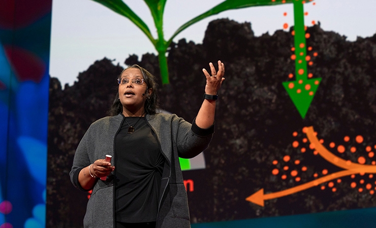 Asmeret Berhe delivering a talk at a TED conference in 2019.