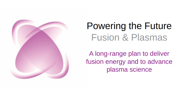 The long range plan logo, a stylized pink atom, and the text "Powering the Future Fusion &amp; Plasmas: A long-range plan to deliver fusion energy and to advance plasma science"