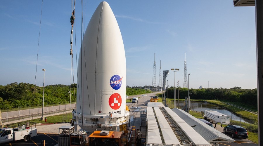 The rocket nosecone containing the Mars Perseverance rover at Cape Canaveral Air Force Station on July 7.&nbsp;