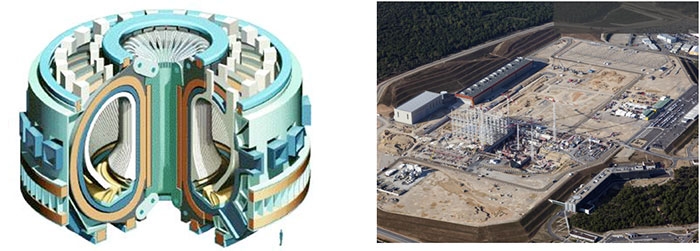 A schematic of the ITER tokamak design, left, and a view of the construction site, right. (Photo credit – Department of Energy)
