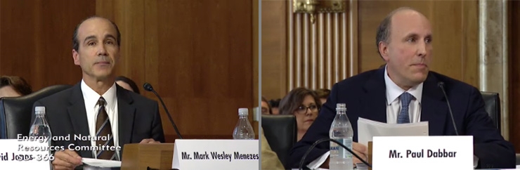 Mark Menezes, left, and Paul Dabbar, the nominees for two key under secretary positions at the Department of Energy, testify at their July 20 confirmation hearing.