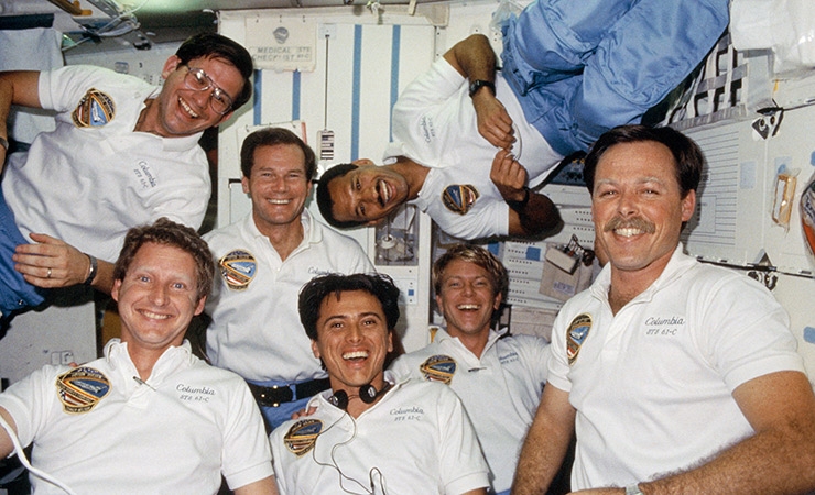 Then-Rep. Bill Nelson (D-FL), third from left, aboard the space shuttle Columbia in 1986.