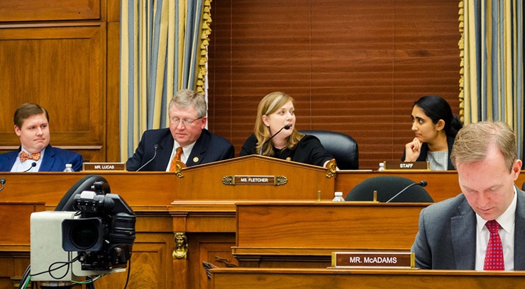 At center, House Science Committee Ranking Member Frank Lucas (R-OK) and Environment Subcommittee Chair Lizzie Fletcher (D-TX) at the committee’s Feb. 13 hearing on climate science.  (Image credit – Office of Rep. Lizzie Fletcher)