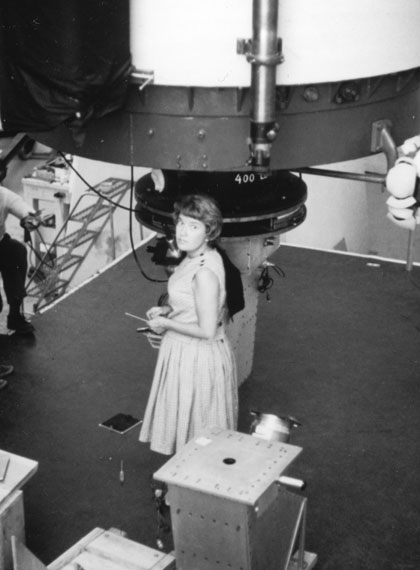 Vera Rubin standing by the Lowell Observatory 72-in telescope <br/>CREDIT: AIP Emilio Segrè Visual Archives, Rubin Collection