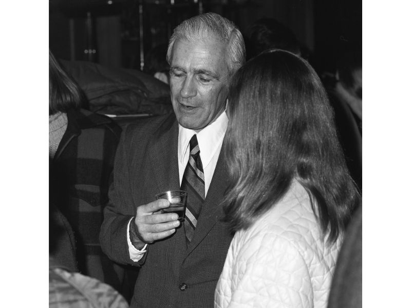 Mount Holyoke College department of physics chairman Edward Philbrook Clancy converses at a lecture event. 