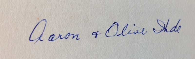 Aaron and Olive Ihde signature in book cover