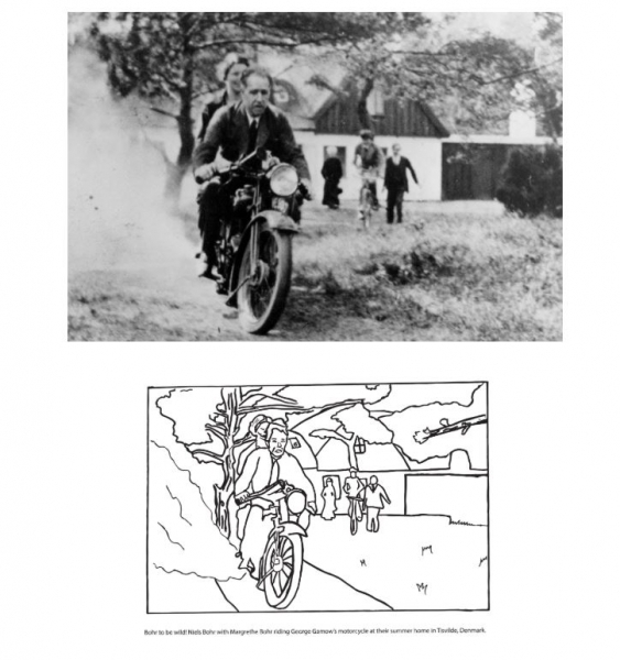 Niels and Margerthe Bohr riding George Gamow’s motorcycle at the summer home in Tisvilde, Denmark