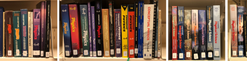 Copies of the Conceptual Physics, Conceptual Integrated Science, and Conceptual Physical Science textbooks on NBLA's shelves
