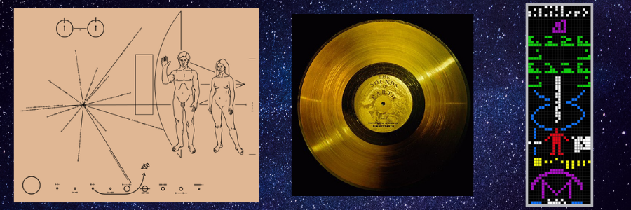 L-R: The Pioneer Plaque (public domain), The Voyager Golden Record (public domain), and a visual representation of the Arecibo Message.