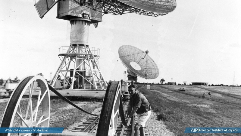 Searching for quasars with a radio telescope rolling on a railroad track, in Australia, a scene from 'The Violent Universe' on Public Broadcast Laboratory.